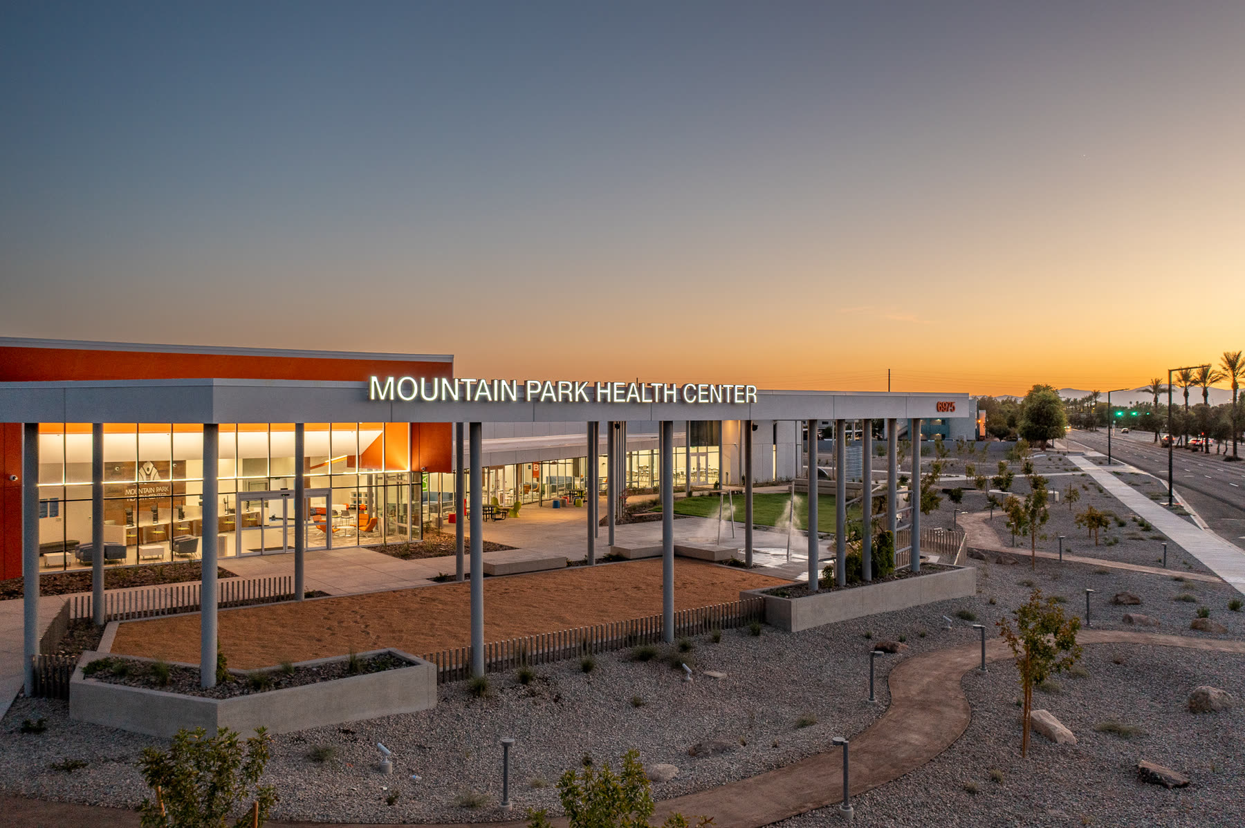 Twilight photograph of a health center building