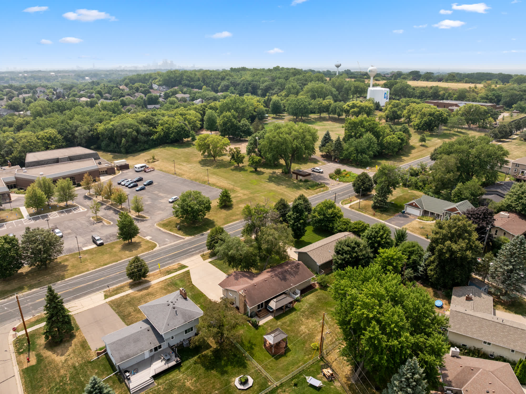 Aerial drone photograph of a Minnesota neighborhood